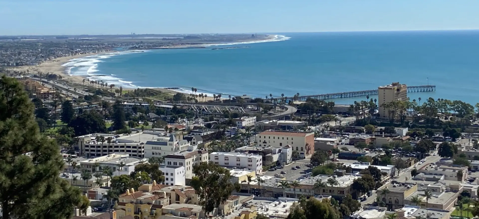 Downtown Ventura, the pier, and the coastline from the hillside