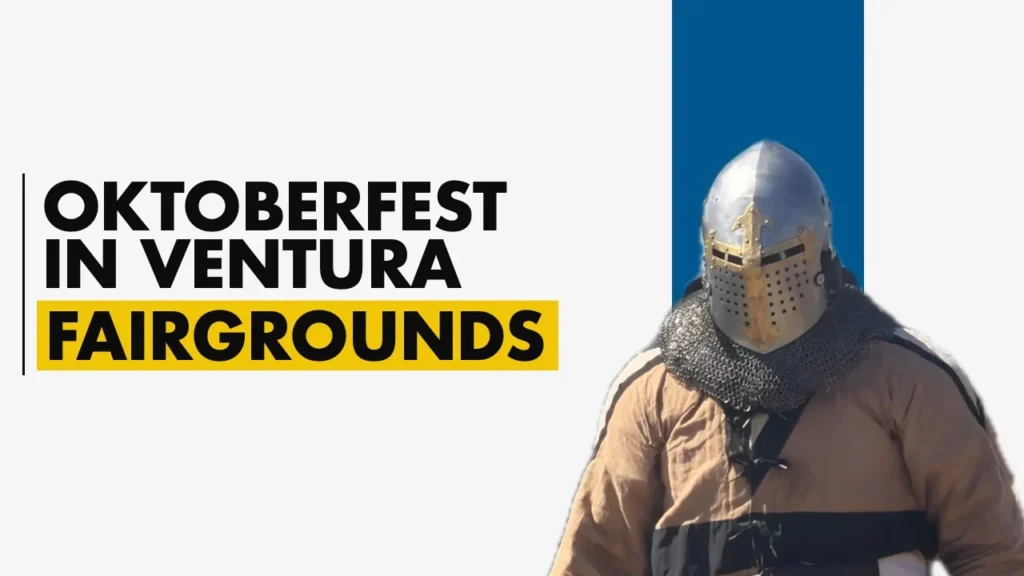 Oktoberfest in Ventura Fairgrounds: a knight in a gold visored steel helmet and chain mail from the War in the West medieval combat at the Ventura County Fairgrounds